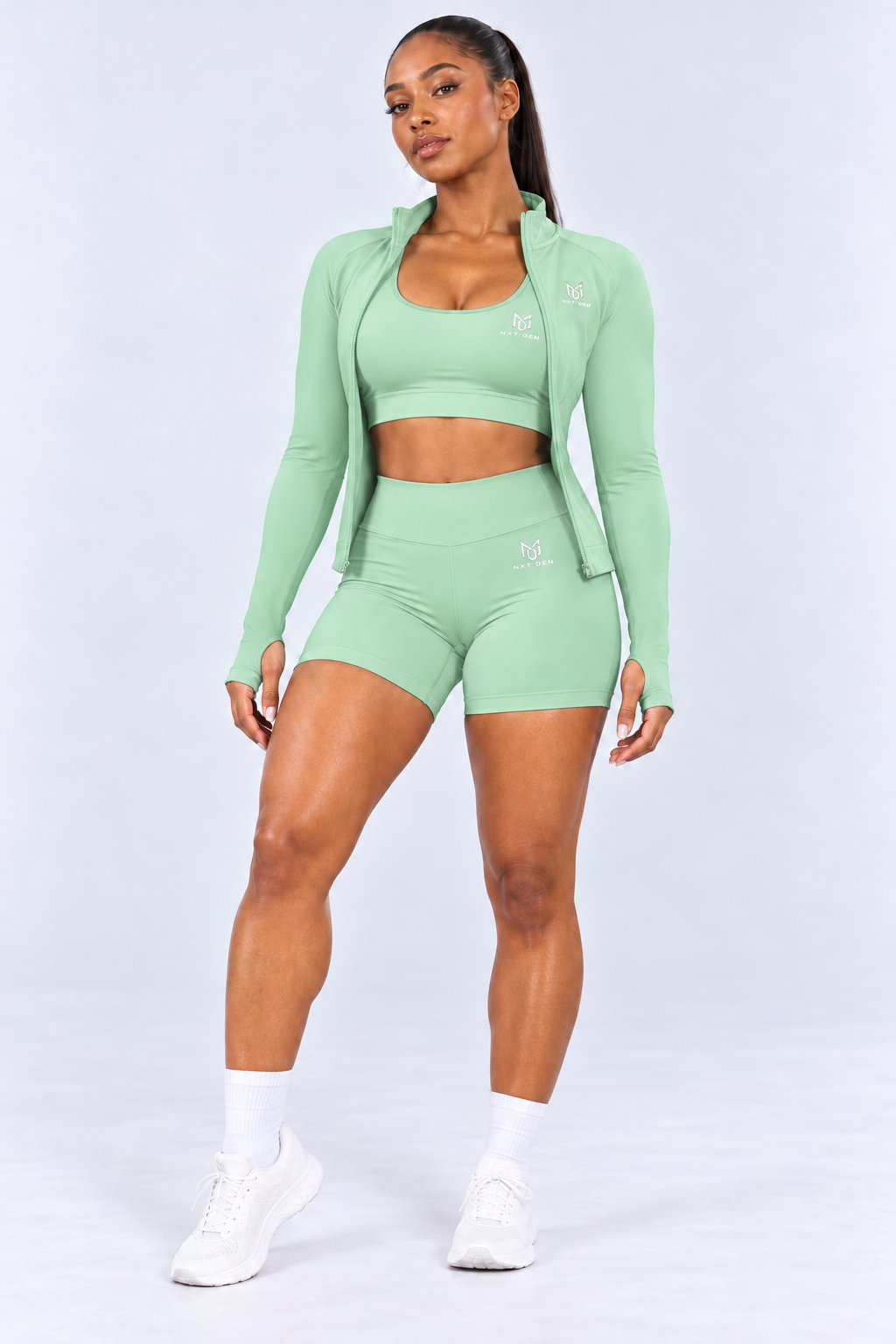 Model wearing the full NXT Gen set in Sage Green
